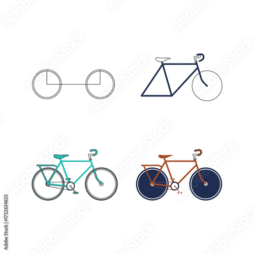 Illustration showing the progression of a bicycle design from basic sketch to finished product