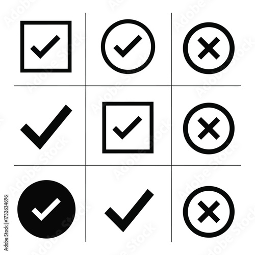 Collection of checkmark and cross symbols for decision making and approval simple icons set silhouette