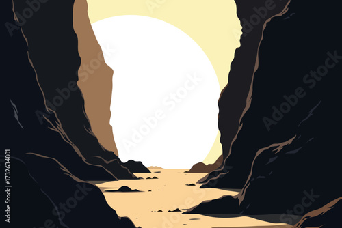 Abstract canyon landscape illustration with rocky cliffs and large sun
