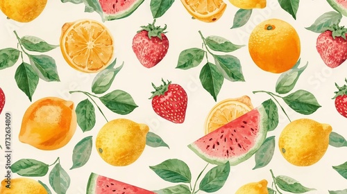 Seamless Summer Fruits Pattern – Tropical Watercolor Design