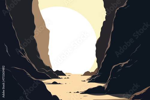 Abstract canyon landscape illustration with rocky cliffs and large sun