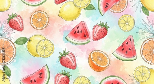 Seamless Summer Fruits Pattern – Tropical Watercolor Design