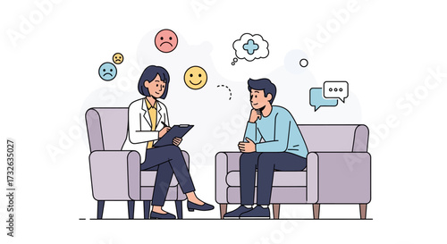 Illustration of a therapy session with a therapist and a patient.