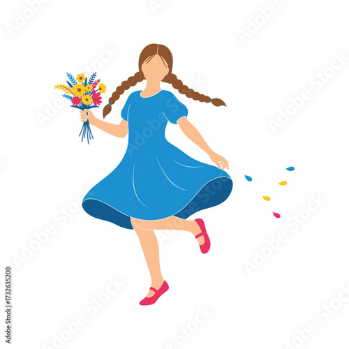 Joyful young girl with braided hair in a blue dress holding a bouquet of wildflowers and dancing