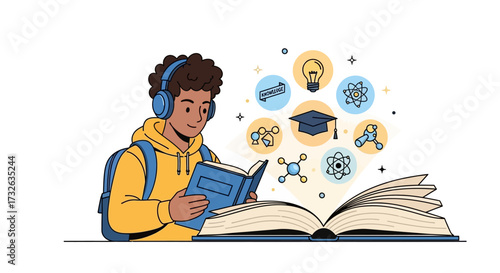 Illustration of a student with headphones reading a book with educational icons floating around.