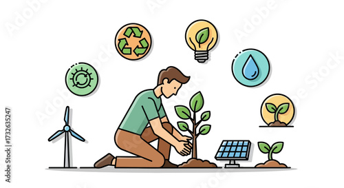 Illustration of a person planting a tree surrounded by environmental icons.
