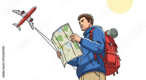 A traveler with a backpack looking at a map as a plane flies overhead.