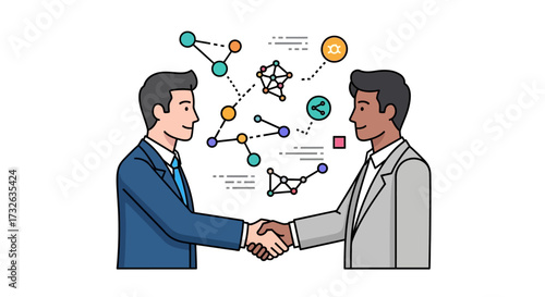Two businessmen shaking hands with a network diagram in the background.