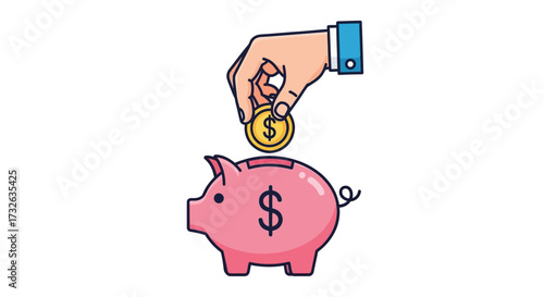 Hand putting coin into a pink piggy bank with a dollar sign.