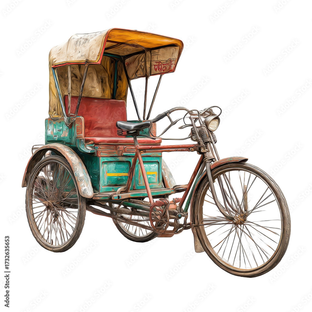 Fototapeta premium Vintage cycle rickshaw parked on city street, showcasing colorful design and craftsmanship