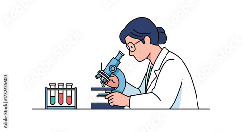 Scientist in lab coat looking through microscope with test tubes.