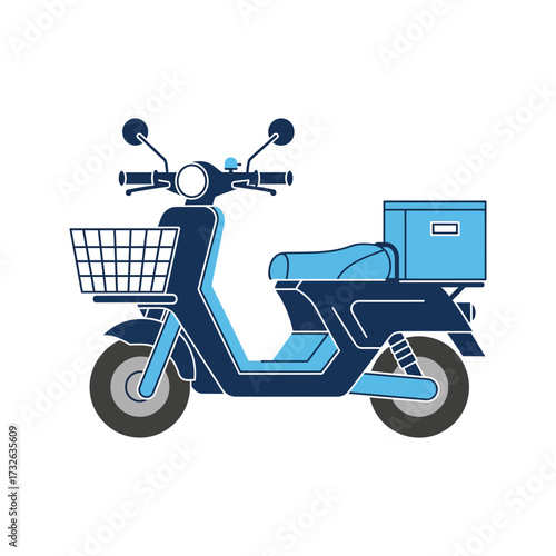 Modern blue delivery scooter with front basket and rear cargo box for food and packages