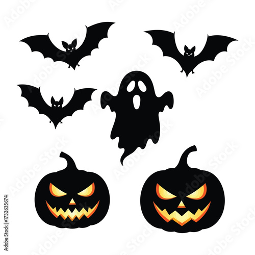 Spooky Halloween Silhouette: Eerie silhouettes of bats, ghosts, and grinning pumpkins evoke the spirit of All Hallows' Eve, capturing the thrill of the holiday season.