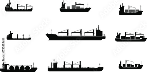 Cargo ship silhouettes, container vessel icons, bulk carrier illustration, oil tanker design, maritime transport graphics, shipping industry artwork, black ship silhouettes