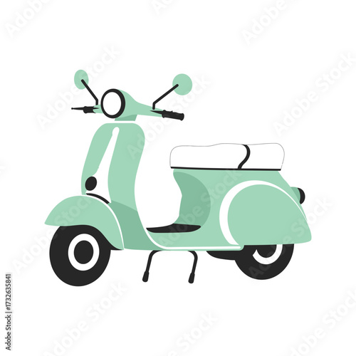 Retro mint green scooter with white seat and black accents isolated on white background