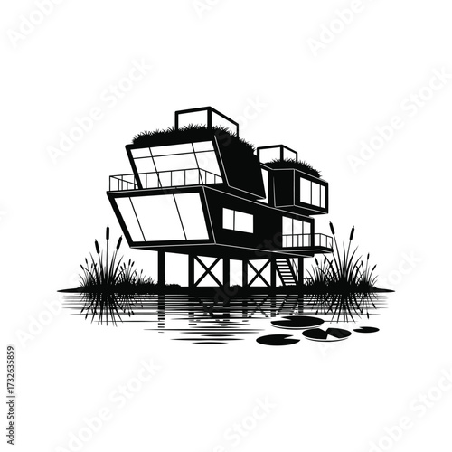 Modern stilted house with green roofs and water lilies in a serene wetland environment