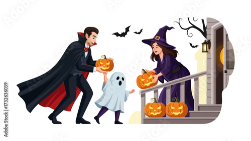 Spooky Halloween Scene: A scene unfolds with figures dressed in costumes, embracing the thrill of trick-or-treating amidst the festive backdrop of Halloween.
