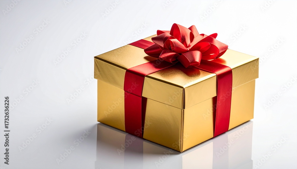 Fototapeta premium Golden Gift Box with Red Ribbon Isolated on White