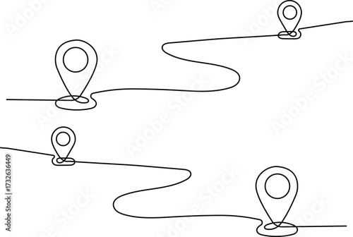 Abstract line art map pins marking route destinations on a winding path vector