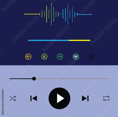 Digital audio waveform and media player interface with controls and playback bar vector