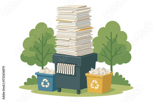Paper recycling concept. Huge stack of documents on a shredder. Bins for waste sorting. Environmental care and sustainability. Office paperwork and bureaucracy. Flat vector.