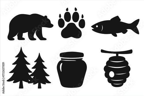 Bear silhouette vector icon set. Forest wildlife elements. Grizzly bear, paw print, fish, honey jar, beehive, and pine trees. Nature, camping, and hiking concept icons.