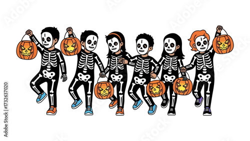 Halloween Parade: Cheerful children, donned in festive skeleton costumes, proudly parade, each clutching a Jack-o'-Lantern pail. This image celebrates the enchantment of a traditional Halloween night.