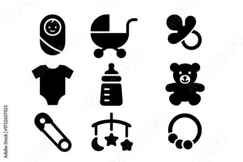 Newborn baby essentials icon set. Simple black glyphs. Vector icons of infant care items: stroller, pacifier, bottle, teddy bear, mobile, rattle, onesie, safety pin.