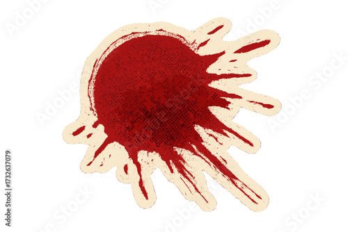Blood stain vector. Halloween horror splash. Red splatter grunge. Vintage halftone paper sticker. 90s zine collage dot texture. Crime scene ink blot. Dirty paint smudge illustration.