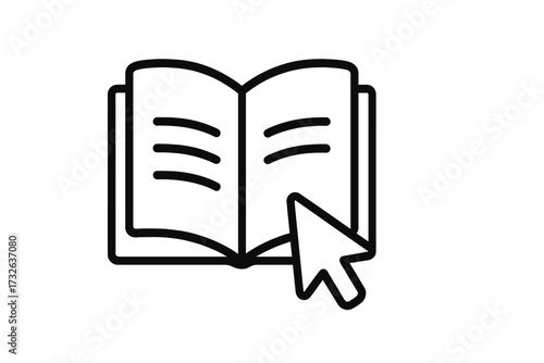 E-book icon with mouse cursor for online reading. Digital library and e-learning concept. Vector thin line book and pointer for web education, online courses, click to read.