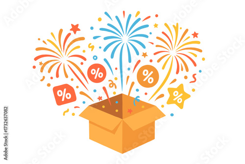 Vector illustration of a surprise box opening with exploding fireworks, confetti, and discount percentage signs. Super sale, special offer, and promotion marketing concept.