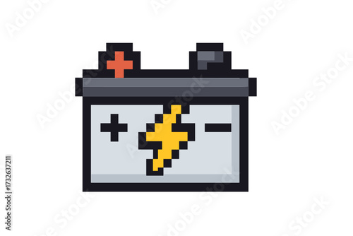 Car accumulator icon in pixel art style. 8-bit vector illustration of a vehicle battery with plus and minus terminals. Retro video game asset for power, energy and charge.