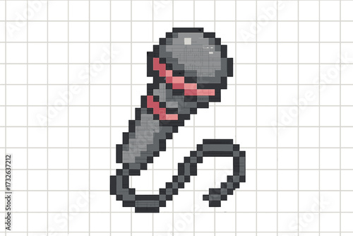 Microphone pixel art icon. 8-bit retro gaming style music symbol. Mic for karaoke, podcast or broadcast. Vector illustration of sound recording audio equipment sign.