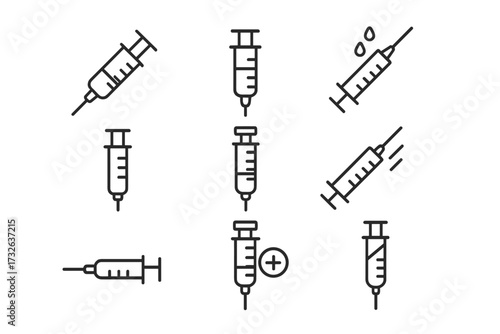 Syringe line icon set. Medical injection, vaccination vector symbols. Minimalist needle pictograms for healthcare, medicine, treatment, dose concepts. For web & app design.