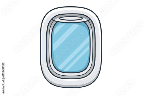 Airplane window isolated. Vector cartoon aircraft porthole illustration. Concept for travel, tourism, flight, and vacation journey. Blue sky view from inside a plane. Frame.