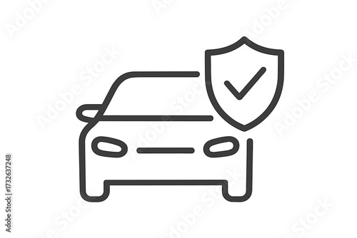 Car insurance icon. Vehicle protection and auto security concept. Automobile with shield and check mark symbol. Safety, warranty, and guarantee sign for web and graphic design.