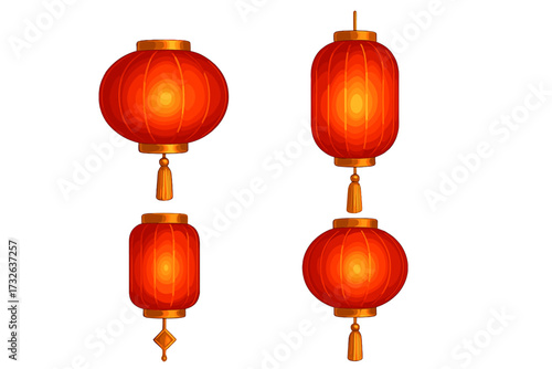 Realistic 3D red Chinese lanterns set. Glowing paper or silk lamps for Chinese New Year. Traditional Asian festival decoration. Oriental culture symbol for happy celebration.
