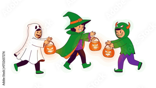 Costumed Trio Trick-or-Treating: Three enthusiastic children, dressed in whimsical costumes, gleefully embark on a trick-or-treating adventure, carrying jack-o'-lanterns.