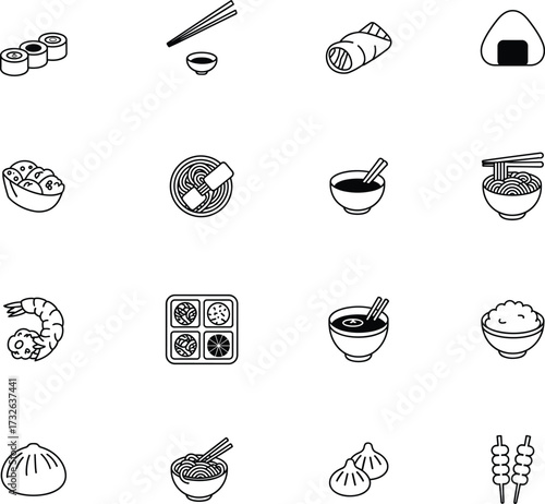 Asian food icons, sushi rolls, ramen bowl, dumplings illustration, chopsticks with noodles, bento box, onigiri rice ball, bao bun, shrimp skewer