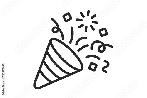 Confetti popper linear icon for celebration. Vector graphic of an exploding party cracker. Outline symbol for birthday, new year, anniversary, congrats, and festival events.