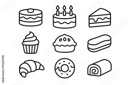 Cakes and pastries simple line icon set. Bakery, patisserie food symbols. Birthday cake, cupcake, donut, croissant, pie, eclair, swiss roll vector illustration. Editable stroke.