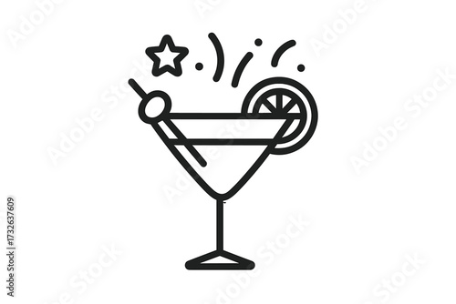Cocktail glass icon for party and celebration. Vector line art of a drink with a lime slice and olive. Bar menu or happy hour symbol. Linear illustration for nightlife and festive events.