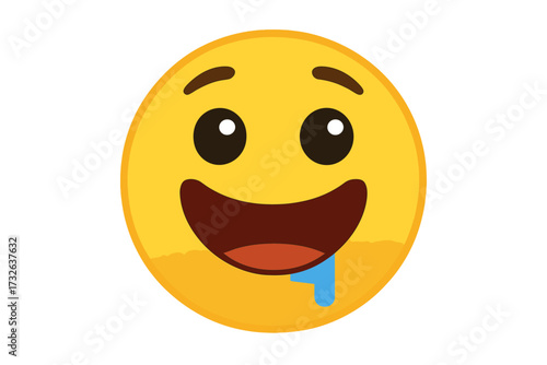 Hungry emoticon character salivating. Yummy smiley face drooling. Delicious food craving expression. Vector icon illustration symbol of appetite. Yellow emoji face wanting food.