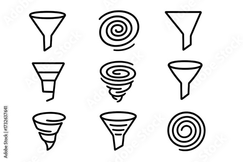 Filter & funnel line icon set. Vector symbols for data sorting, sales conversion & marketing pipeline. Vortex, spiral & tornado signs for web design, UI & UX app graphics.