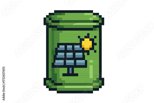Pixel art solar panel on green recycling bin. Vector icon for sustainable energy, waste management, ecology. Clean power, eco-friendly tech, renewable resource concept.