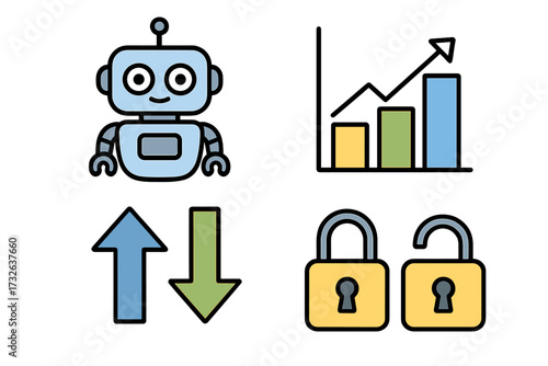 Fintech icon set with AI robot for automation and support. Bar chart for data analytics and growth, arrows for trading, and padlocks for cybersecurity and privacy concepts.
