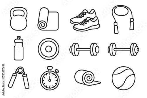 Fitness equipment line icon set. Gym workout, training essentials. Vector linear icons for health and exercise. Sport symbols like kettlebell, dumbbell, jump rope, stopwatch, ball.