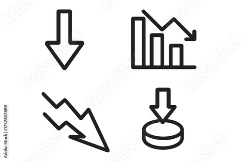 Set of linear icons for economic recession and financial crisis. Vector illustration of business decline, market crash, and investment loss. Arrow down, graph decrease symbol.