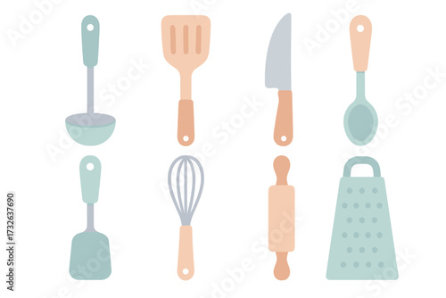Kitchen utensils set. Flat cartoon illustration of cooking tools. Pastel color vector icons for culinary design. Isolated equipment collection: ladle, spatula, knife, grater, whisk.