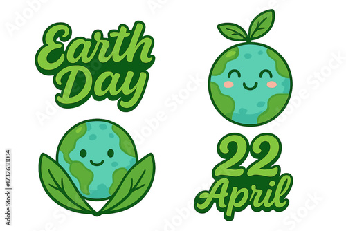 Earth Day sticker set. 22 April holiday. Cute cartoon planet with smiling face and leaves. Eco friendly concept for ecology, environment, and conservation. Green vector pack.